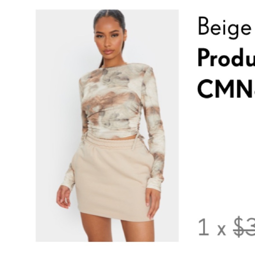 Beige jersey tie ruched side long sleeve crop top